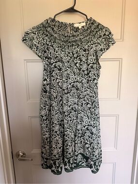 LOFT Green and White Floral Smocked-Neck Midi Dress
